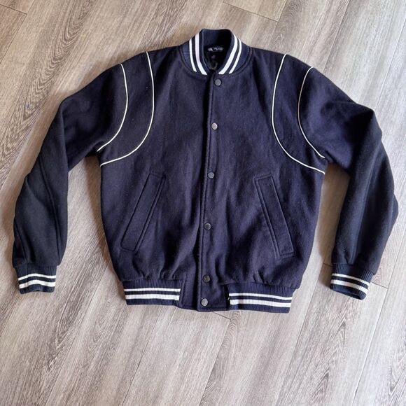 Zara Men Wool Mix Sz M Varsity Letterman Bomber Jacket Dark Navy Classic Style - Picture 4 of 10